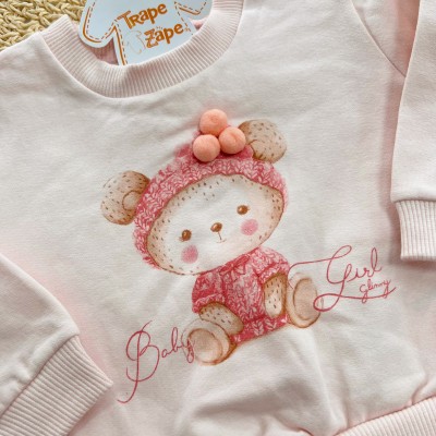 Conj. Casaco Ursinha Baby Girl e Calça de Moletom - Rosa Bebê